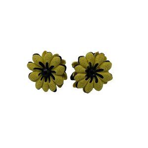 Vintage 1950's Ric Rac Trim Yellow & Black Screw Back Fabric Floral Earrings